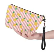 Pink Striped Yellow Pineapple Portable Large Travel PU Leather Makeup Pouch