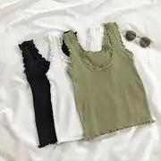 Round Neck Plain Ruffle-Trim Tank Top Black - One Size