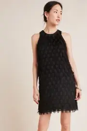 ANTHROPOLOGIE ROXIE TEXTURED FEATHERED FRINGE DOT SHIFT MINI LBD DRESS BLACK 6