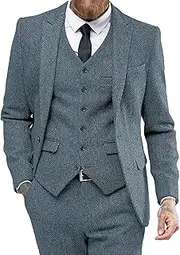[JEShifangjiusu] Tweed Herringbone Wedding Suit Tuxedos Ball 3 Pieces Peak Lapel Wedding Dress Jacket Vest Pants Evening Outfit, grey, S
