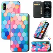 For Apple iPhone X /XS Leather Wallet Flip Case With RFID Blocking Credit Card Holder Slots Cover - Colored Squares