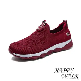 【HAPPY WALK】透氣休閒鞋 網面休閒鞋/立體飛織織花彈力透氣網面健步休閒鞋(酒紅)