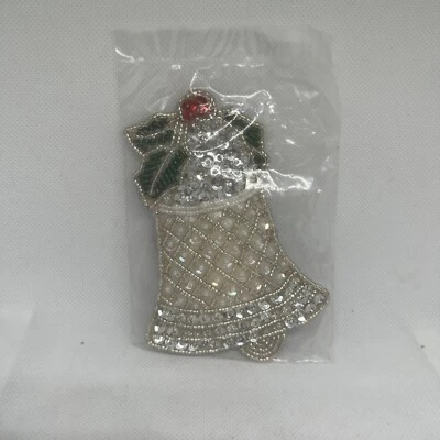 Silver Sequin & Bead Christmas Ornament Satin Silver Bell 4.75” Tall New