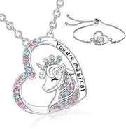 [Generic] MNFPSJB 2 Pcs Unicorn Necklace Jewelry Gift Set Crystal Heart Silver Pendant Bracelet You are Magical Box Granddaughter Niece, one size, View product description, No Gemstone