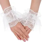 [Bremorou] 2 Pcs Lolita Lace Gloves Lolita Accessories Mad Hatter Clown White Hand Sleeve Sexy Elastic Bracelet Women Ruffled Floral Wrist Cuffs For Halloween Wedding Masquerade
