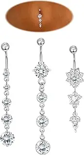 [Sanfenly] 3-6Pcs 14G 316L Stainless Steel Belly Button Rings for Women Flower CZ Dangle Belly Button Rings Navel Piercing Jewelry