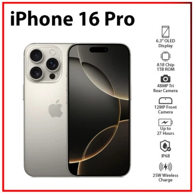 Apple iPhone 16 Pro 8GB+1TB NATURAL TITANIUM Dual SIM Unlocked iOS Cell Phone