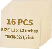 16 Pack Basswood Sheets for Crafts - 12 x 12 x 1/8 Inch - 3mm Thick Large Plywood Sheets Unfinished Bass Wood Boards for Laser Cutting, Wood Burning, Architectural Models, Staining