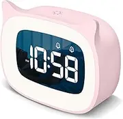 SMOUPING Kids Alarm Clock with Night Light & 18 Ringtones,Rechargeable,Cute Cat Ear Clock for Boys Girls Birthday Presents,Digital Clock for Children's Bedroom(Pink)