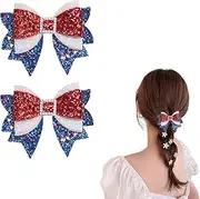 CENZICOM Christmas Hair Clip, Sparkly Sequin Bow Hair Clip Hairpin Glitter Bows Barrettes Christmas Hair Accessories for Xmas Party Gifts,2 pcs (Red-White-Blue)