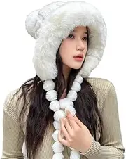 [DILINBAO] 2024 Winter Pompom Beanie Hats Women Fluffy Faux Fur Knitted Skull Cap Outdoor Ski Warm Windproof Ear Flaps Hats(Cream)