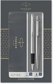Parker Jotter Duo Gift Set with Ballpoint Pen & Fountain Pen | Stainless Steel with Chrome Trim | Blue Ink Refill & Cartridges | Gift Box