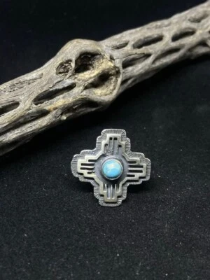 Native American Navajo Zia Symbol Blue Gem Turquoise Sterling Ring Size 5.75