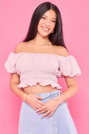 Pink Ruffle Crop Top Puff Sleeve - Size 14L, Women's Crop Top