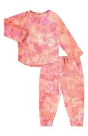 PAIGELAUREN Kids' Tie Dye Long Sleeve Top & Pants French Terry Lounge Set in Orange/Pink at Nordstrom, Size 6Y