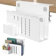Desk Side Storage, 2 Tier Steel Hanging Desk Organizer with Magnetic Pen Holder, No Drilling Standing Desk Drawer Cable Management Tray, Under Desk Laptop Holder for Office, School, Home (White)