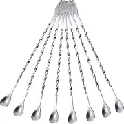 Cocktail Spoon Stirring Bar Mixing Long Spoon Spiral Pattern 8 Pcs10" (Silver)