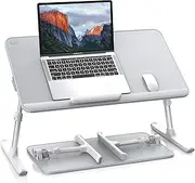 SAIJI Leather Laptop Bed Tray Table, Adjustable Laptop Stand with Removable Stopper, Portable Lap Desks with Foldable Legs, Notebook Stand Breakfast Reading Desk for Sofa Couch(Large,Gray)