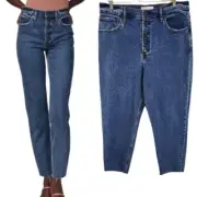 Abercrombie & Fitch Mom High Rise Jeans Size 32 Long Button Fly Blue Raw Hem