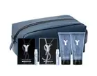 New {YSL} Y 5 Pc Gift Set Navy Pouch + Vial EDP + After Shave Balm + Shower Gel