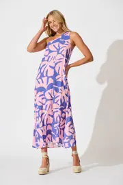 Gloria Off Shoulder Maxi Dress Sleeveless in Blue and Pink Leaf 8