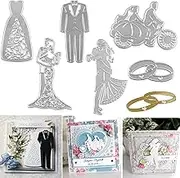 6PCS Wedding Metal Cutting Dies for Card Making Wedding Suit Dress Metal Dies Bride and Groom Couple Rings Metal Die Cuts Punch Template Molds Yong Couple on The Bike Dies Handmade Crafts Album Decor