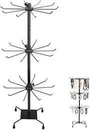 Miaoyimiao Jewelry Display Stand, Rotating Stand, Black, 3-Tier, 30 Hooks, Adjustable Height