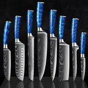 8 Pcs High Carbon Stainless Steel Damascus Knife Set Blue