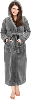 NY Threads Womens Fleece Hooded Bathrobe Plush Long Spa Robe, Medium, Steel Grey