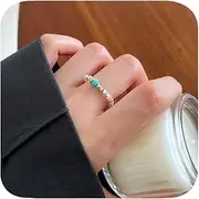 [YAYAYOUYOU] Turquoise and Silver Balls Stretched Handmade Ring Size Adjustable for Women - Small Dainty Thin Stretch Ring Cute Jewelry Gifts for Women's Teen Girls