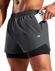 [MIER] Mens 2-in-1 Running Shorts 5 Inch Quick Dry Gym Workout Athletic Training Shorts with Compression Liner,3 Zipper Pockets