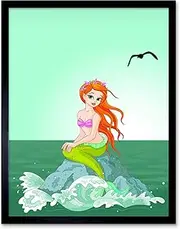 Nursery Mermaid Fish Tail Girl Ocean Gull Green Kids Bedroom Art Print Framed Poster Wall Decor 12X16 Inch