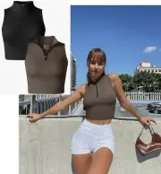 Women's Tank Crop Tops 2 Pcs Small Size Sleeveless Zip Close Shirts Back Brown