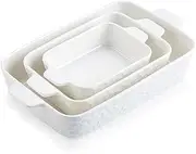 GUDAJIN Oven Casserole 3-Piece Set, Ceramic Bakeware, Durable Casserole Set, Deep Lasagna Pan with Handle, Household Oven Square Double-Handled Baking Pan for Baking Cake Kitchen (White)