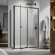 ELEGANT Frameless 100x190cm Shower Enclosure with Side Panel in Matte Black Aluminum Frame Glass Door