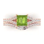 2 Princess Cut Natural Peridot Promise Bridal Ring Band set Curved 14k Rose Gold