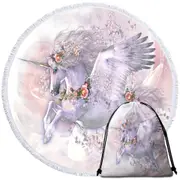 Spring Flight Rosy Roses and Unicorn Pegasus Round Beach Towel