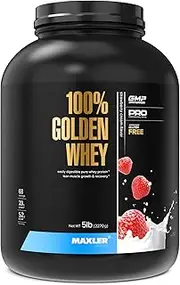 Maxler 100% Golden Whey Protein - 25g of Premium Whey Protein Powder per Serving - Pre, Post & Intra Workout - Fast-Absorbing Whey Hydrolysate, Isolate & Concentrate Blend - Strawberry Cream 5 lbs