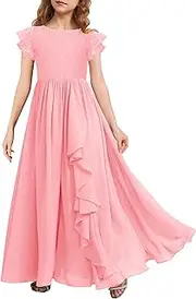[MITILLY] Girls Lace Flower Maxi Dress Ruffle Sleeve A-Line Flowy Junior Bridesmaid Chiffon Dresses for Wedding Party