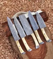 Custom Handmade Damascus Kitchen Knife Set Of 5PCS With Leather Sheath
