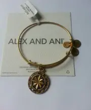 Alex And Ani Compass Charm Bangle Bracelet NWT CARD BOX R Gold GIFT Mom Sister