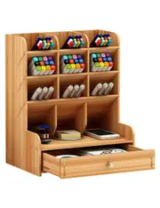 Wooden Pen Holder Desktop Stationery Organiser Home Office Desk Storage - Brown