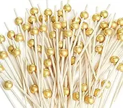 200PCS Cocktail Picks, Fancy Toothpicks for Appetizers, Decorative Bamboo Skewers for Appetizers Drinks Fruit, 4.7 Inch Long Wooden Gold Pearl Food Sticks Charcuterie Boards Accessories Wedding Party