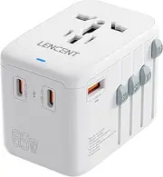LENCENT International Travel Adapter, GaN III 65W Universal Travel Charger with 1 USB-A & 3 USB-C PD Fast Charging, Outlet Adaptor for iPhone, Laptops, Type A/C/G/I (USA/UK/EU/AUS), White