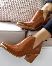 [Belle & Bloom] Austin Croc Embossed Ankle Boot - Camel