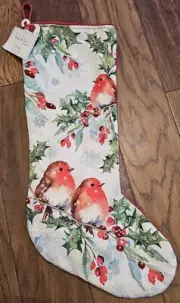 NWT! Beautiful Nicole Miller Home 22" Stocking Holiday Holly, Birds, Beads