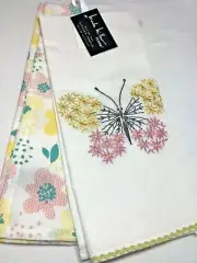 NICOLE MILLER HOME KITCHEN TOWELS (2) BUTTERFLY PINK YELLOW 100% COTTON NWT