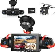 [podofo] 360° Dash Cam Front and Rear Inside,4 Channel 3" IPS Touchscreen Dash Cam Front and Rear Inside Left Right,4*1080P Dash Camera with Night Vision,Loop Recording,G-Sensor,24 Hours Recording+64G