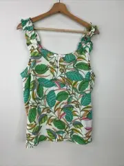 Rose + Olive Women’s XL White Green Leaf Tropical Print Ruffle Strap Tank Top