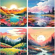 4 Pack Paint by Numbers for Adults and Kids Beginner, Landscape DIY Acrylic Painting Paint by Numbers Kits on Canvas for Kids Ages 4-8-12 Perfect for Gift Home Wall Decor(8x8in)